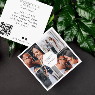 Chic 4 Photo Wedding Collage Photographer QR Code Square Business Card