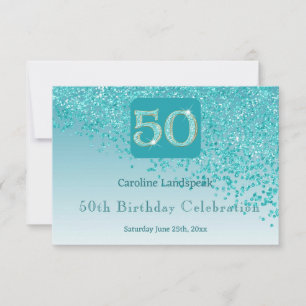 Chic 50 Birthday Teal Blue Glitter RSVP Card