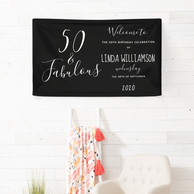 Chic 50 Fabulous Black White 50th Birthday Banner (Insitu)
