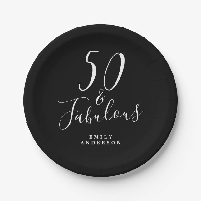 Chic 50 Fabulous Black White 50th Birthday Paper Plate (Front)