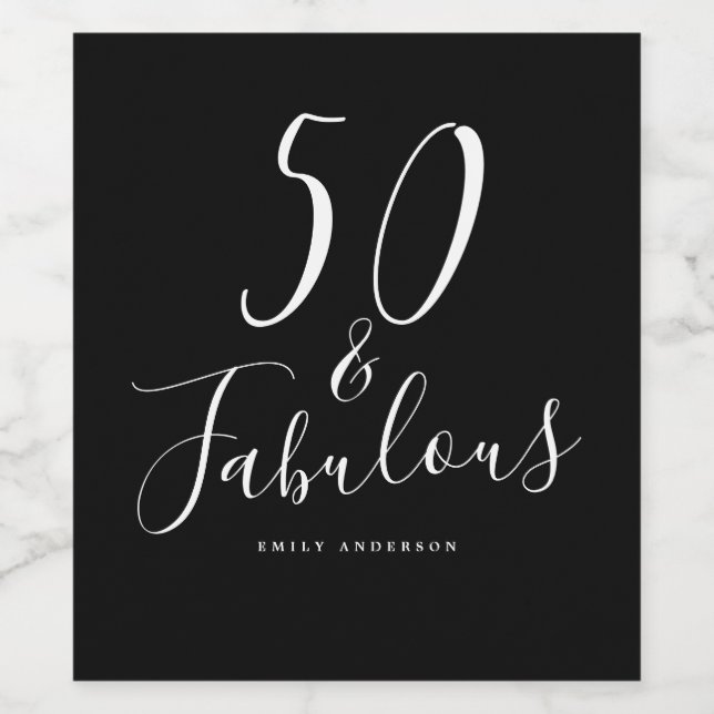 Chic 50 Fabulous Black White Name 50th Birthday Wine Label (Single Label)