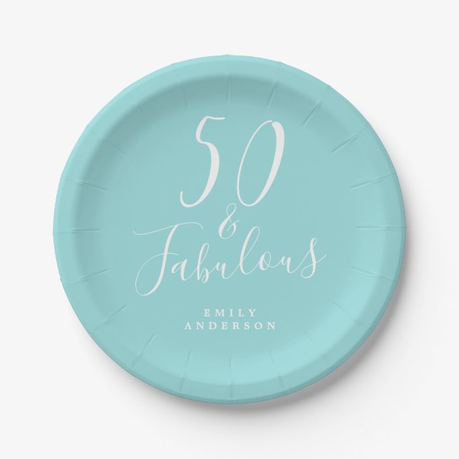 Chic 50 Fabulous Blue 50th Birthday Paper Plate (Front)