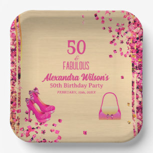 Chic 50& Fabulous High Heels Gold Hot Pink Glitter Paper Plate