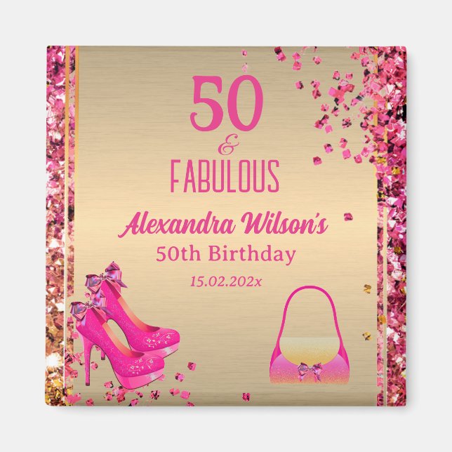  Chic 50 & Fabulous High Heels Gold Pink Glittery  Magnet (Front)
