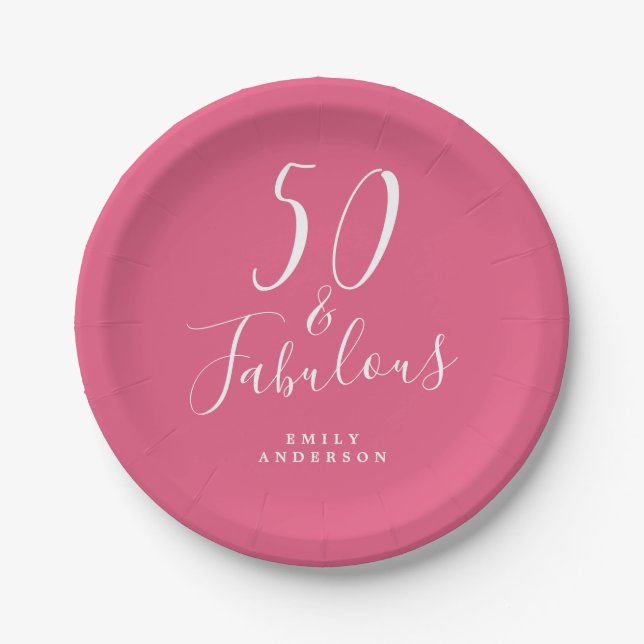 Chic 50 Fabulous Hot Pink 50th Birthday Paper Plate (Front)