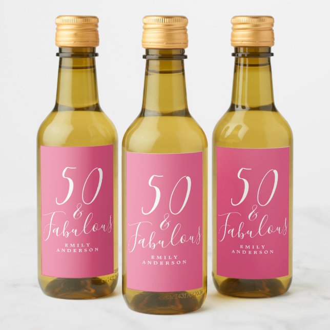 Chic 50 Fabulous Hot Pink Name 50th Birthday Wine Label (Bottles)