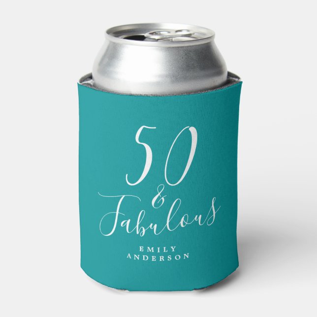 Chic 50 Fabulous Name Emerald Green 50th Birthday Can Cooler (Can Front)