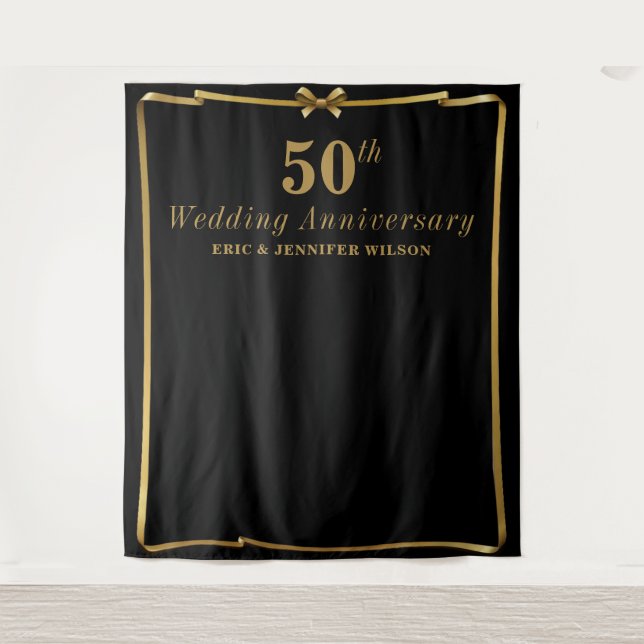 Chic 50th Anniversary Black n Gold Photo Backdrop Tapestry (Front)