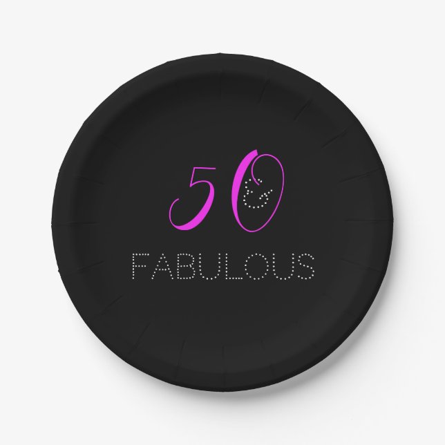 Chic 50th Birthday Hot Pink Black Party Paper Plate (Front)
