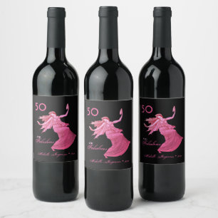 Chic 50th Birthday Pink Woman Dancer Personal Name Wine Label