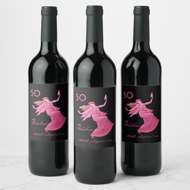 Chic 50th Birthday Pink Woman Dancer Personal Name Wine Label (Bottles)