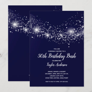 Chic 50th Birthday Stars Navy Blue Invitation