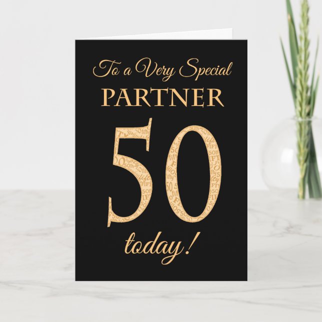 Chic 50th Gold-effect on Black, Partner Birthday Card (Front)