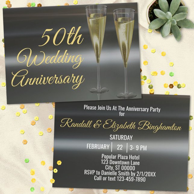 Chic 50th Wedding Anniversary Black Gold Party Invitation (Creator Uploaded)