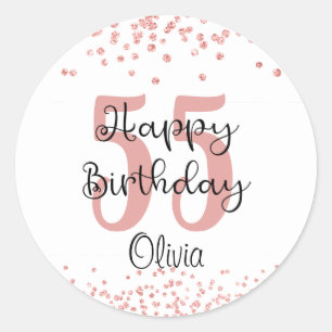 Chic 55th Birthday Rose Gold Glitter Name Classic Round Sticker