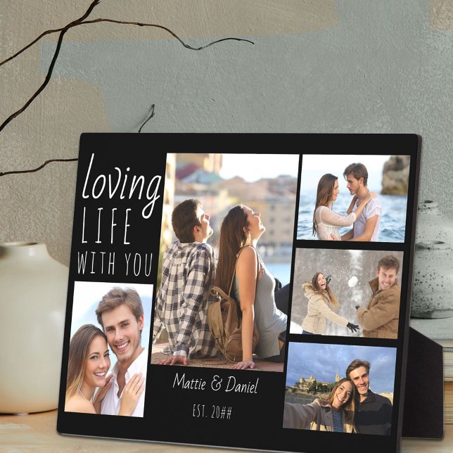 Chic 5 Photo Collage Loving Life with You | Black Plaque (Creator Uploaded)