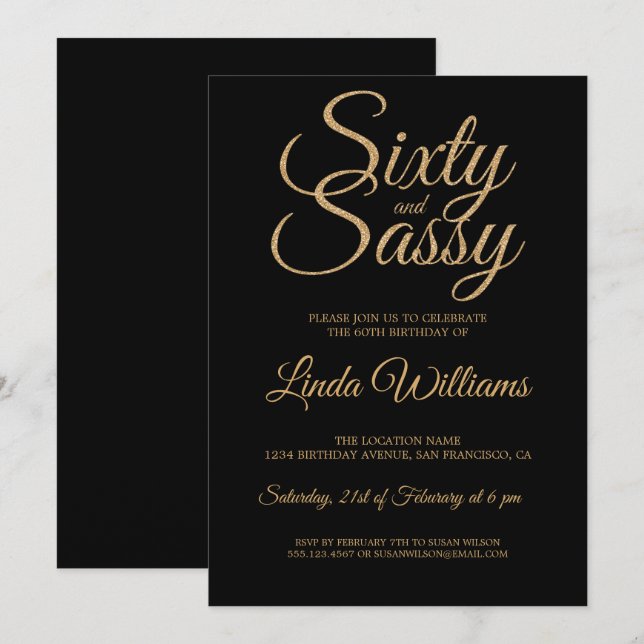 Chic 60 and Sassy Black Gold 60th Birthday Party Invitation (Front/Back)
