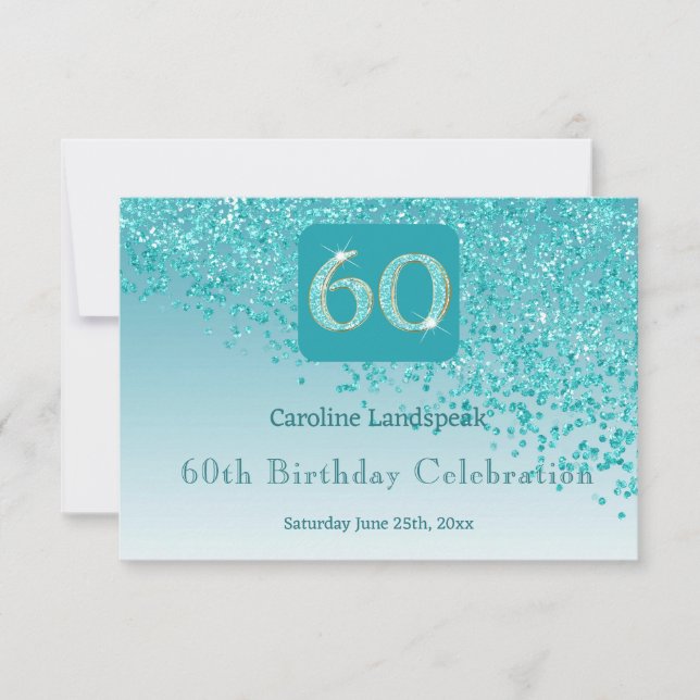 Chic 60 Birthday Teal Blue Glitter RSVP (Front)
