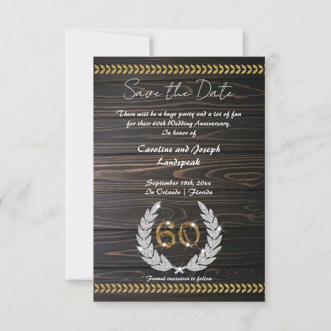 Chic 60th Anniversary Wood & Gold  Save the Date Invitation (Front)