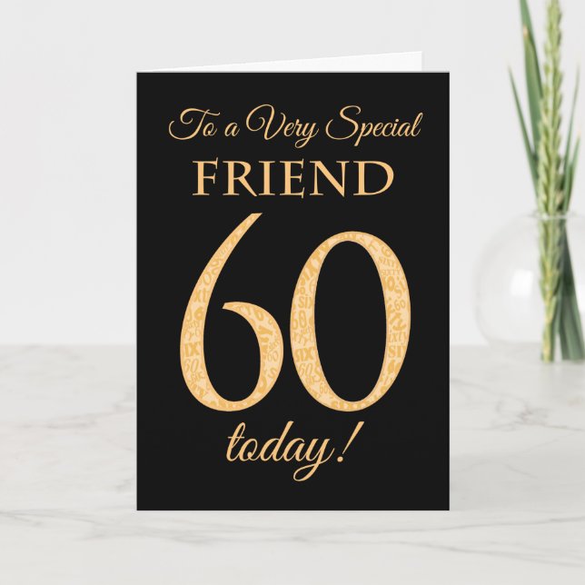 Chic 60th Gold-effect on Black, Friend Birthday Card (Front)