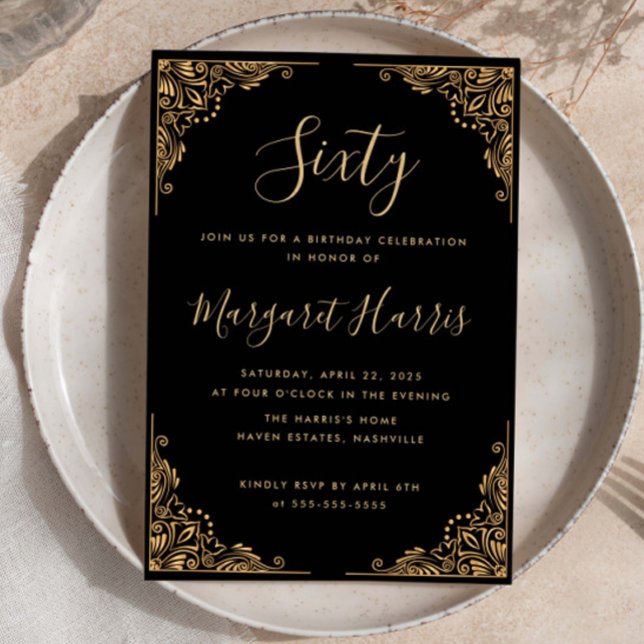 Chic 60th Sixty Gold Frame Black Birthday Invitation (Creator Uploaded)