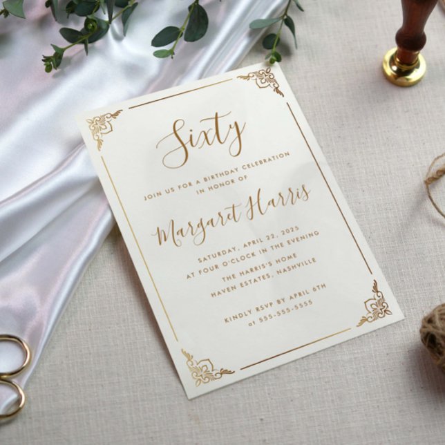 Chic 60th Sixty Gold Frame Calligraphy Birthday Invitation (Creator Uploaded)