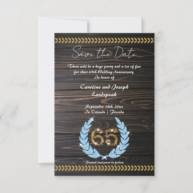Chic 65th Anniversary Wood & Gold  Save the Date Invitation (Front)
