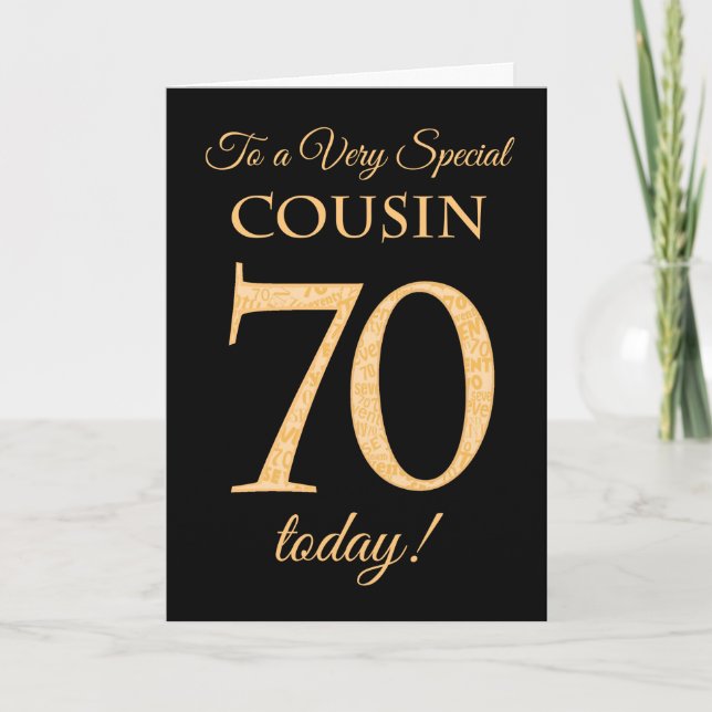 Chic 70th Gold-effect on Black, Cousin Birthday Card (Front)