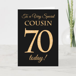 Chic 70th Gold-effect on Black, Cousin Birthday Card
