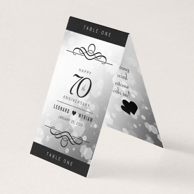 Chic 70th Platinum Wedding Anniversary Tent Cards (Front)