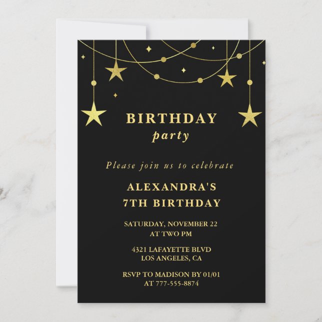 Chic 7th birthday Party invite Gold Stars (Front)