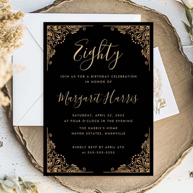 Chic 80th Eighty Gold Frame Black Birthday Invitation (Creator Uploaded)