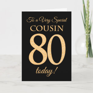 Chic 80th Gold-effect on Black, Cousin Birthday Card