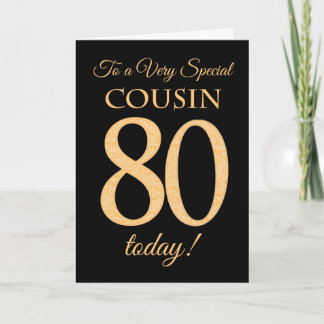 Chic 80th Gold-effect on Black, Cousin Birthday Card