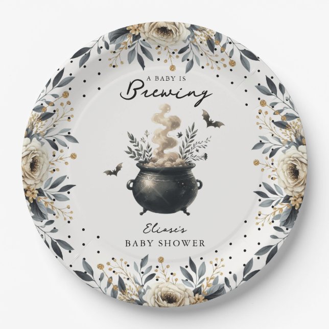 Chic 'a Baby is Brewing' Halloween Baby Shower  Paper Plate (Front)