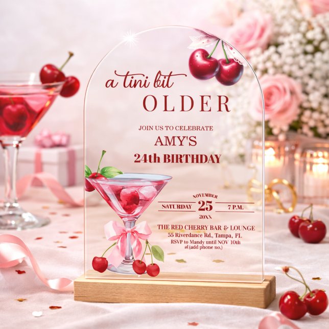 Chic A Tini Bit Older Cherry Martini 24th Birthday Acrylic Invitations (Creator Uploaded)