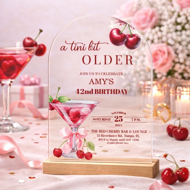 Chic A Tini Bit Older Cherry Martini 42nd Birthday Acrylic Invitations (Creator Uploaded)