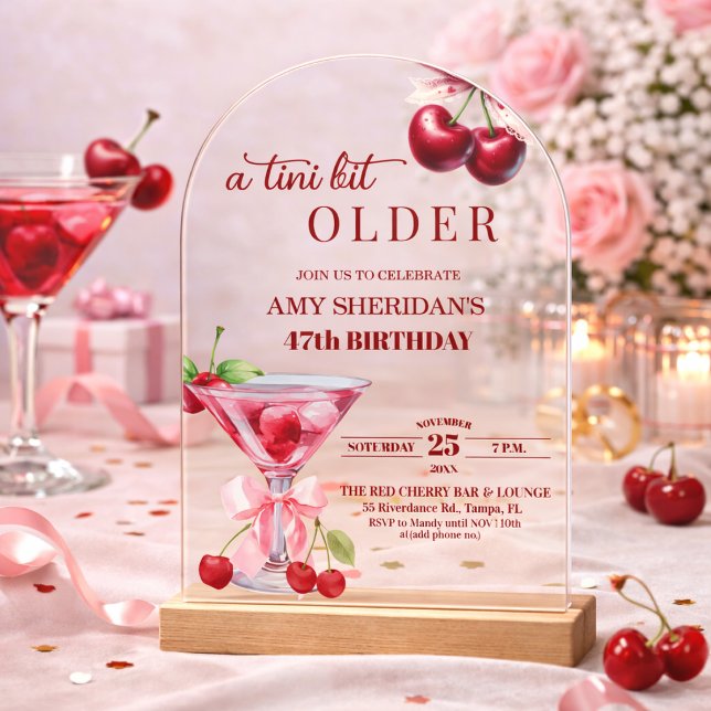 Chic A Tini Bit Older Cherry Martini 47th Birthday Acrylic Invitations (Creator Uploaded)