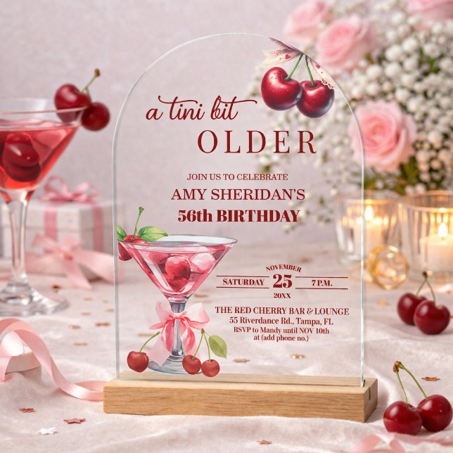 Chic A Tini Bit Older Cherry Martini 56th Birthday Acrylic Invitations (Creator Uploaded)