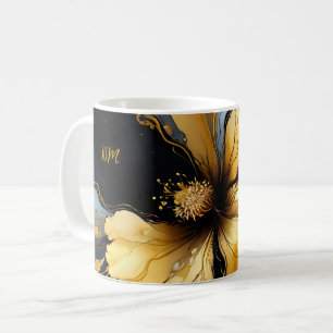 chic abstract black gold floral coffee mug