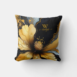 chic abstract black gold floral cushion