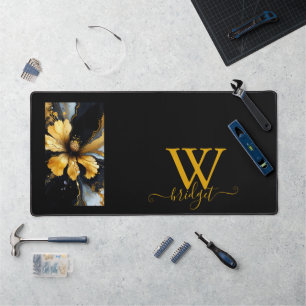 chic abstract black gold floral desk mat