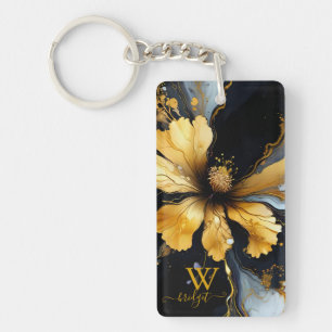 chic abstract black gold floral key ring