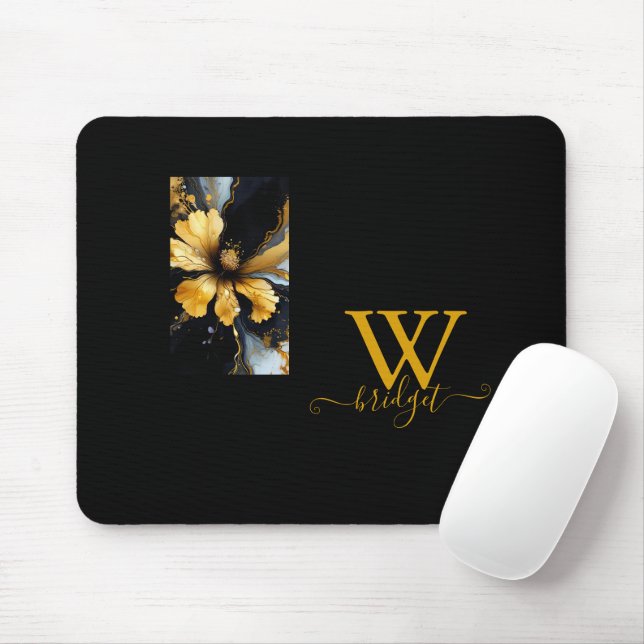 chic abstract black gold floral mouse mat (With Mouse)