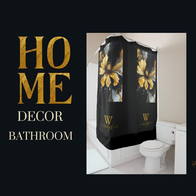 chic abstract black gold floral shower curtain (Creator Uploaded)