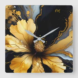 chic abstract black gold floral square wall clock