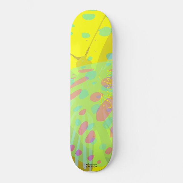 Chic Abstract Gold Butterfly Yellow Violet Skateboard (Front)