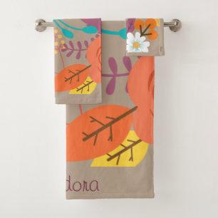 Chic Abstract Gold Leaf Colourful Flower Bath Towel Set