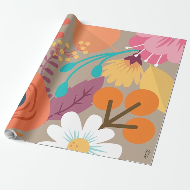 Chic Abstract Gold Leaf Colourful Flower Wrapping Paper (Unrolled)