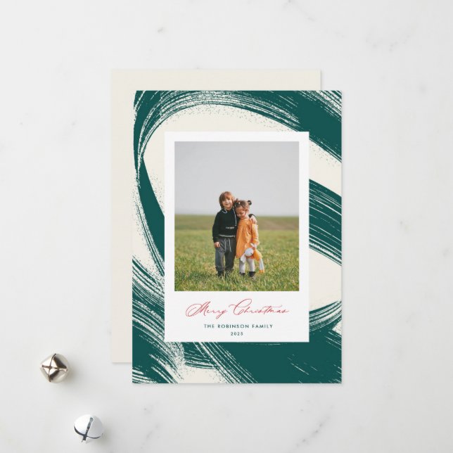 Chic Abstract Painted Green Christmas Photo Card (Front/Back In Situ)